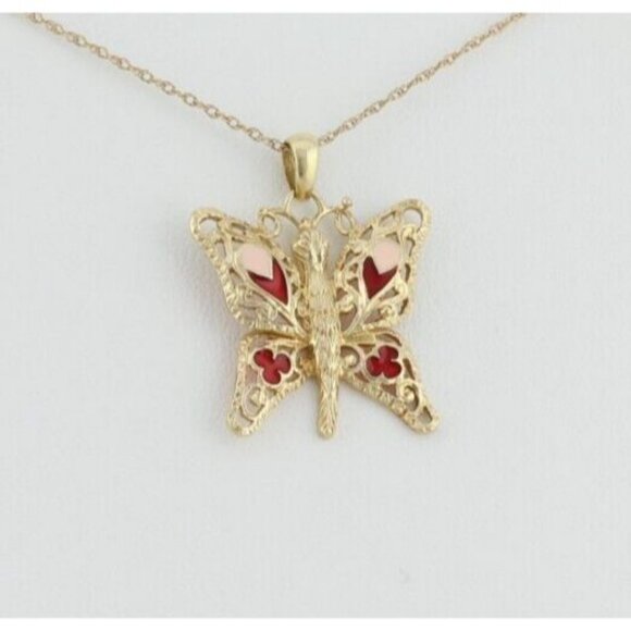 14k Yellow Gold Butterfly Necklace Pink and Red Enamel 18" Chain - Picture 4 of 8